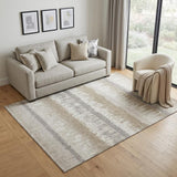 5' X 8' Ivory Beige And Gray Striped Washable Area Rug With UV Protection