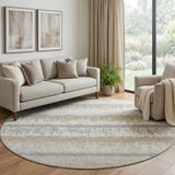 8' Ivory Beige And Gray Striped Washable Round Rug With UV Protection