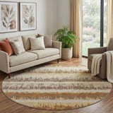 8' Coffee Beige And Copper Striped Washable Round Rug With UV Protection