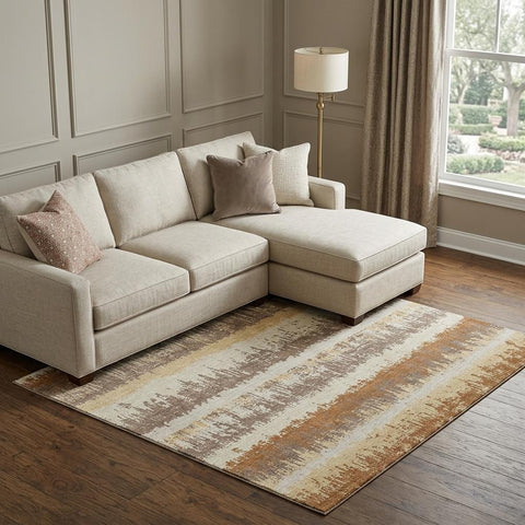8' X 10' Coffee Beige And Copper Striped Washable Area Rug With UV Protection