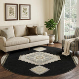 8' Black Beige And Gold Oriental Washable Round Rug With UV Protection