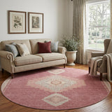 8' Blush Gray And Pink Oriental Washable Round Rug With UV Protection