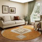 8' Copper Gold And Beige Oriental Washable Round Rug With UV Protection