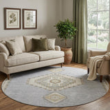 8' Gray Gold And Beige Oriental Washable Round Rug With UV Protection
