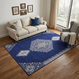 5' X 8' Navy Blue Ivory And Gray Oriental Washable Area Rug With UV Protection
