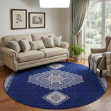 8' Navy Blue Ivory And Gray Oriental Washable Round Rug With UV Protection