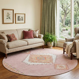 8' Pink Ivory And Gray Oriental Washable Round Rug With UV Protection