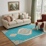 5' X 8' Teal Salmon And Beige Oriental Washable Area Rug With UV Protection