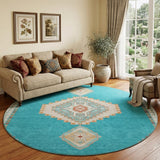 8' Teal Salmon And Beige Oriental Washable Round Rug With UV Protection
