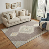 5' X 8' Taupe Beige And Ivory Oriental Washable Area Rug With UV Protection