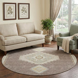8' Taupe Beige And Ivory Oriental Washable Round Rug With UV Protection