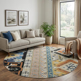 8' Black Copper And Gold Southwestern Washable Round Rug With UV Protection