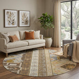 8' Brown Gray And Gold Southwestern Washable Round Rug With UV Protection