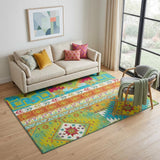 5' X 8' Teal Lime Green And Orange Southwestern Washable Area Rug With UV Protection