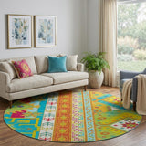 8' Teal Lime Green And Orange Southwestern Washable Round Rug With UV Protection