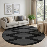 8' Black And Ivory Geometric Washable Round Rug With UV Protection