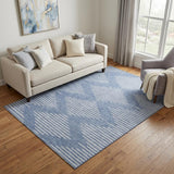 5' X 8' Denim Blue And Ivory Geometric Washable Area Rug With UV Protection