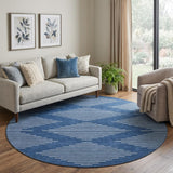 8' Navy Blue And Ivory Geometric Washable Round Rug With UV Protection
