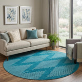 8' Teal And Ivory Geometric Washable Round Rug With UV Protection