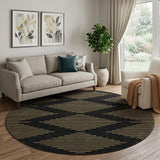 8' Black And Gold Geometric Washable Round Rug With UV Protection