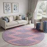 8' Pink And Navy Blue Geometric Washable Round Rug With UV Protection