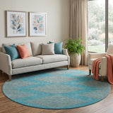 8' Teal And Peach Geometric Washable Round Rug With UV Protection