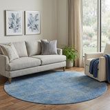 8' Blue And Gray Abstract Washable Round Rug With UV Protection