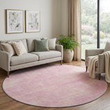 8' Pink And Blush Abstract Washable Round Rug With UV Protection