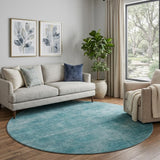 8' Teal And Aqua Abstract Washable Round Rug With UV Protection