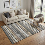 5' X 8' Charcoal Gray And Beige Striped Washable Area Rug With UV Protection