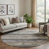 8' Charcoal Gray And Beige Striped Washable Round Rug With UV Protection