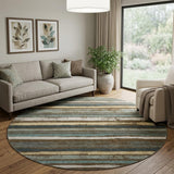 8' Brown Gold And Ivory Striped Washable Round Rug With UV Protection