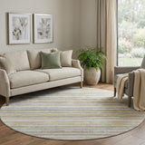 8' Ivory Beige And Taupe Striped Washable Round Rug With UV Protection