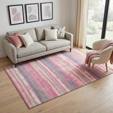 5' X 8' Pink Beige And Blue Striped Washable Area Rug With UV Protection