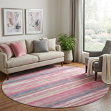 8' Pink Beige And Blue Striped Washable Round Rug With UV Protection