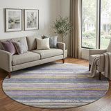 8' Purple Gold And Ivory Striped Washable Round Rug With UV Protection