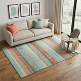 5' X 8' Sky Blue Orange And Ivory Striped Washable Area Rug With UV Protection