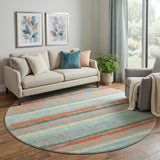 8' Sky Blue Orange And Ivory Striped Washable Round Rug With UV Protection