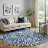 8' Navy Blue And Ivory Abstract Washable Round Rug With UV Protection