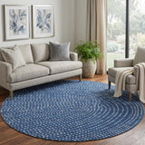 8' Navy Blue Ivory And Gray Polka Dot Washable Round Rug With UV Protection