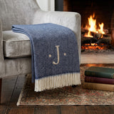55" X 70" Navy Blue And White Herringbone Cotton Blend J Throw Blanket with Tassels And Embroidery
