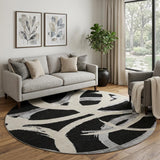 8' Black Ivory And Gray Abstract Washable Round Rug With UV Protection