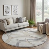 8' Ivory Beige And Gray Abstract Washable Round Rug With UV Protection