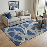 5' X 8' Navy Blue Gray And Ivory Abstract Washable Area Rug With UV Protection