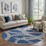 8' Navy Blue Gray And Ivory Abstract Washable Round Rug With UV Protection
