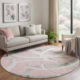 8' Pink Ivory And Gray Abstract Washable Round Rug With UV Protection
