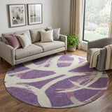 8' Purple Ivory And Blush Abstract Washable Round Rug With UV Protection