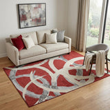 5' X 8' Red Ivory And Gray Abstract Washable Area Rug With UV Protection
