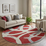 8' Red Ivory And Gray Abstract Washable Round Rug With UV Protection
