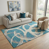 5' X 8' Teal Ivory And Gray Abstract Washable Area Rug With UV Protection